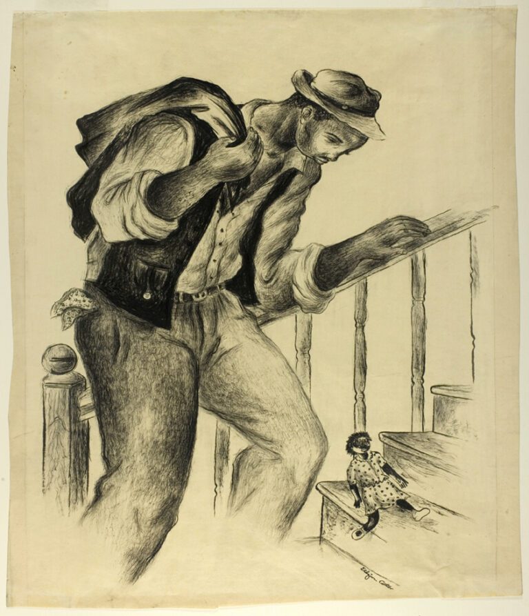 Eldzier Cortor, Coming Home from Work, ca. 1938-43, pen, brush, and black ink on paper. Photo courtesy of the Art Institute of Chicago. © 2025 Eldzier Cortor / Artists Rights Society (ARS), New York.